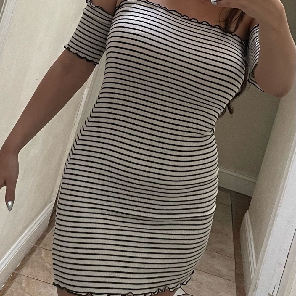 Striped Off the Shoulder Mini Dress